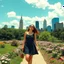 Placeholder: fullbody girl makeup wearing a victorian short dress walking in moder city of 2040 park ,flowers ,pretty clouds in blue sky,city escape.