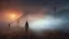 Placeholder: walking straight ahead over a wooden bridge, holding the angel of death with your right hand, entering the fog at the end of the road that leads to the afterlife, and a beautiful sunset and galaxy's behind the fog, realistic