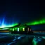 Placeholder: icy cabin squared off and centered aurora borealis - foreground is simple snowy plain