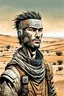 Placeholder: create a front facing, portrait illustration of an young, otherworldly lost cyborg nomadic wanderer with highly detailed, sharply lined and deeply weathered facial features in a dusty ruined desert oasis in the comic art style of Enki Bilal, precisely drawn, finely lined and inked in arid desert colors