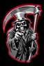 Placeholder: Grim-Reaper gripping scythe and pointing like uncle sam, vignette, black and white vector with a red outline, and black background, biker style