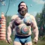 Placeholder: Ultra realistic circus scene. Classic Naked strongman, waist up view, old school tattoo, Wes Anderson style, happy, bubbles, butterflys, highly detailed, concept art, unreal engine 5, god rays, ray tracing, RTX, lumen lighting, ultra detail, volumetric lighting, 3d, finely drawn, high definition, high resolution.