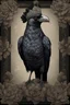 Placeholder: full portrait of a black and grey crow. close to nature. the crow has just one single eye. the head is complete. the beak is complete. textured detailed feathers adorned with rococo style green and black, diamond headdress, ruby-red florals, extremely detailed, hyperrealistic, maximálist concept art. vivid and sparkling light