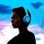 Placeholder: piece of album art of women with headphone in fusion with light against sky background, abstract experimental style album cover, high level of noise and subtle texture, psychedelic cover, sky, clouds and lines.