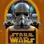 Placeholder: "STAR WARS" text, caption, shiny. gold metallic, reflective, centered