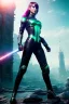 Placeholder: Futuristic warrior, physically fit, latex and leather attire, green hair, blue eyes, intricate eyeliner, vibrant eyeshadow, clear completion, soft lighting, 4k resolution, intricate details, insanely detailed, colorful cityscape background, masterpiece, expert, cinematic smooth, retroanime style, realistic details, no helmet