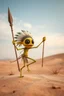 Placeholder: a funny crazy maniac little creature that dance in a desert, the creature is yellow and green, have big eyes and long legs, he likes to dance and jump with his spear, he ls little evil and likes to scream "Musta", and have a big mouth sharp teeth, small penis, tribal look, head dress with feathers