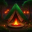 Placeholder: Camp fire, Rainy Night, highly detailed with lush forests, green leafs, flowers, pagan temple with runes, high resolution, 24k, ornate, intricate, complex, digital painting, smooth