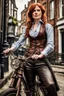 Placeholder: full-height portrait of a woman with straight shoulder-length auburn hair, with metal arms and legs, dressed in leather trousers, and a waistcoat, in a Victorian street next to a steampunk bike blue sky