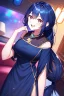 Placeholder: girl, masterpiece, best quality, cinematic lighting, detailed outfit, vibrant colors, perfect eyes, dark blue hair, pink eyes, long hair, low ponytail, dark blue dress, sparkle, depth of field, indoors, god rays, glowing light, ray tracing, laughing,