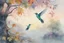 Placeholder: closeup, a colorful hummingbird family perched in the canopy, the siblings eating (opened mouth, the mother feeding them), twilight, looking down on the river through the canopy of a tree, on a misty twilight. over a misty pond in the hieght of fall. Watercolour by Alison Brady. Pastel colours S<AI in sunshine, ethereal, otherwordly, cinematic postprocessing