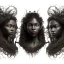 Placeholder: Painting .three women. A mother. Two daughter. Twins. A mother with her children. three young black women. wood nymphs emerging from the forest. Her hair looks like vines. Dreadlocs. Her skin is the colour of dark soil. Her skin looks like tree bark. Her clothing is made of vines, grass and leaves.