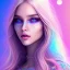 Placeholder: beautiful, soft, smiling face, whole head, long straight blonde hair blues eyes, crown on the head, clothing in transparent bluish and pink veil, background brillante bluish and pink, hight definition, 8K