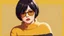 Placeholder: 1girl, solo, short_hair, black_hair, upper_body, yellow_background, looking_at_viewer, sweater, sunglasses, turtleneck, parted_lips, bangs, glasses,flat art