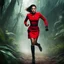 Placeholder: a woman Star Trek security officer with short red dress and dark high boots, she is running fast, to escape a monster. The monster looks like Cthulhu, in the wild jungle