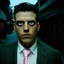 Placeholder: very grainy discolored 2000s photo, closeup portrait, dark night alley with no lights, grunge, extremely gaunt male with chalk-white skin wearing a good suit with a pink tie, calm, imposing, crazy look in the eyes, malkavian