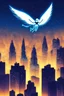 Placeholder: A flying angel over the tall buildings in a city at deep blue night.