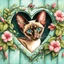 Placeholder: A chocolate point Oriental shorthair siamese kitten peeks out from a heart-shaped opening in a weathered turquoise door,surrounded by delicate pink flowers & green vines.The kitten's large,expressive eyes & soft fur create a charming & whimsical scene.realistic watercolor illustration vampiress, gothic attire, moonlit, alluring grin