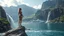 Placeholder: a picture of natural landscape that includes majestic mountains and a serene countryside. Additionally, incorporate details about a stunning, large waterfall that enhances the beauty of the scene. The output should be structured as a narrative, painting a clear image with rich, descriptive language that evokes the sights and sounds of this beautiful environment water fall falls to a big sea with modern ship in it.a fullbody lady in One Piece - Athletic Swimsuit,standing over a rock at hight