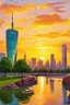 Placeholder: Amazing colorful sunset, buildings, lake, rock, city, park, cyberpunk, sci-fi, photography