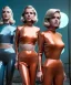 Placeholder: Ultra Realistic retro sci-fi movie scene, 1960 year, waist up view portrait, 3 clones blonde women, sweet young Jane Fonda face, perfect iris, glow eyes, face makeup, tight latex coat. Supermarket place with people background, Retro sci-fi style, soft color, highly detailed, unreal engine 5, ray tracing, RTX, lumen lighting, ultra detail, volumetric lighting, 3d, finely drawn, high definition, high resolution.