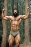 Placeholder: 1980's massive male muscular strong arab man , very virile, hairy chest, age 40, muscle daddy, beard, short hair, strong armpits, in a wood, viril chest, opened raincoat