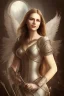 Placeholder: portrait lady angel with super bobs no top long white hairs shield in castle