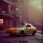 Placeholder: 3d rendering. futuristic steampunk yellow car. Tokio background. Lost in Time