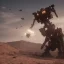 Placeholder: Armored Core machine robot fight another Armored Core fly in the sky in the desert with beside the ocean where you can see the space in the sky with twilight on the horizon, 4k resolution