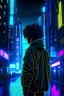 Placeholder: African city, sci fi, street view, afro futurism, cyberpunk elements, night time, male character in a hood with his back to the camera,