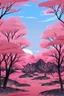 Placeholder: a land scape of Japanese garden, big red moon, red light, black sky, starlight night , surrounded by cherry blossom trees, cel shading