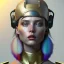 Placeholder: woman, rounded face, round grunge helmet, decorative color feathers, retro futuristic, latex coat, soft color, highly detailed, art stations, concept art, smooth, unreal engine 5, god rays, ray tracing, RTX, lumen lighting, ultra detail, volumetric lighting, 3d, finely drawn, high definition, high resolution.