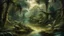 Placeholder: dark tropical swamp surrounded by dense jungle, stagnant water covered with mist, crocodiles half submerged near twisted roots, exotic birds watching from branches, tangled vegetation everywhere, moody shadows, dramatic oil painting style