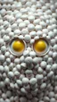 Placeholder: A balled face in details . The texture of the face is a collage of many 3D white random m&m candy covering the whole face and the eyes are covered by two eggs