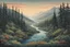 Placeholder: a dramatic, highly detailed painting of a lush Pacific Northwest forested river valley landscape in the pale light of dawn, in the style Gary Baseman , vibrant natural colors, with fine ink outlining, museum quality masterpiece