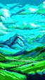 Placeholder: blue green sky, mountains, anime style, in the style of vincent van Gogh