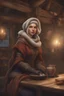 Placeholder: DnD style, medieval beautiful woman dressed in warm winter clothes sitting in a tavern