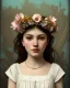 Placeholder: portrait young girl with flower crown sitting on an empty crate, alphonse mucha style, white dress, potholes on road, ramshackle, crow, 8k resolution, high-quality, fine-detail, intricate, digital art, detailed matte, volumetric lighting, dynamic lighting, illustration, 3D octane render, brian froud, howard lyon, selina french, anna dittmann, annie stokes, lisa parker, greg rutowski,