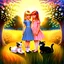 Placeholder: An elegant vertical painting suitable for a children's book cover or poster. Two young girls — one blonde, one redhead — in richly colored vintage dresses stand in a garden glowing with sunset light. Around them, three kittens rest peacefully: black, white, and ginger. The background shows softly glowing sky, flowers, and golden grass. The top third of the image is softly faded with light bokeh, creating space for a Hebrew or English title. The texture includes brush strokes, light craquelure, a