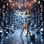 Placeholder: make a picture pretty stage made of metallic blue-gray teme 3d fractal recursive cubic and sphere base structures and a beautiful fashion model lady posing with cute,with NYC Style clothing,siver high heels ,makeup curvy long hair,dynamic camera zoom to full body and pan, dynamic lights.