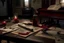 Placeholder: evening ballroom. a piano with some documents on it, broken wine and wine glass, candle stick, revolver, bullets and some trace of blood on floor