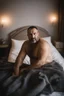 Placeholder: full figure photography, 35mm lens, burly arab man with short beard, short hair, 49 years old lying over the sheets over a bed, with hands behind the head, manly armpits, ugly and dirty, manly chest, , big shoulders, strong chubby, manly chest,, with boxer, sad eyes, photorealistic , dim side light, ambient occlusion, in the dark , aerial view