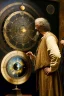 Placeholder: Merlin and DaVinci discussing astronomy while looking at an astrolabe , Rembrandt , masterpiece, oil + tempera, fine thin