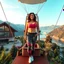 Placeholder: very beautiful lady with beautiful sports pant and top and sports shoes with curvy hair standing in a nice hot air balloon cabin in sky of a nice villa yard with trees flowers ,in country side in floor of beautiful mountains ,sea with ships ,water falls ,
