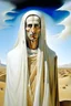 Placeholder: portrait of tall god looks like human but 4 times bigger than normal humans with shining eyes in full clothes, clothes like Arabs in desert. Their face is covered in white shall only their eyes are out. by Dali