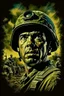 Placeholder: A movie poster of a is an American soldier ground level camera view looking up camera shots in the style of oil painting
