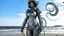 Placeholder: A woman with dark hair in a silver robotic catsuit, standing on a beach with flying mushrooms looking like parasols, with octopus tentacles in the air