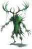 Placeholder: wendigo green fur with deer skull covering head and face, fingers ending in claws with long arms reaching knees which bend backwards, eyes that are sunken back, full body image