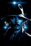 Placeholder: pitch-black background with a blue glowing overhead spotlight effect, Johnny Depp