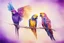 Placeholder: parrot-phoenix mix birds, a picture of togetherness, death, resurrection, purple in sunshine, watercolor and black ink outlines, sparkling golden glitter, ethereal, cinematic postprocessing, bokeh, dof